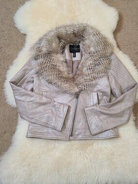 Jessica Simpson Blush Metallic Faux Leather Moto Jacket w/Detachable Fur Collar
